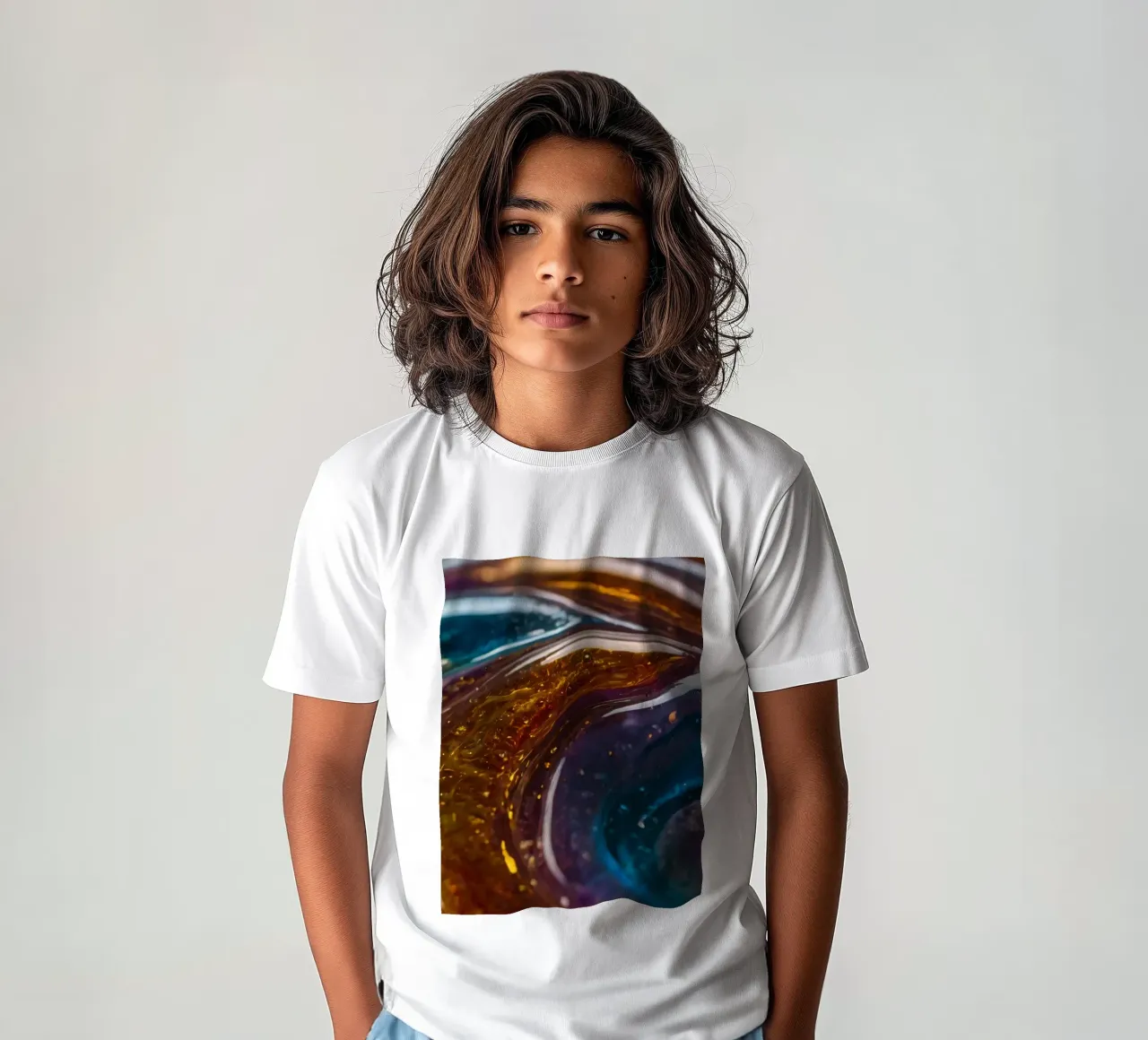 Couleurs et textures tourbillonnantes dans une vue rapprochée de t-shirt enfant de DesignDoodle