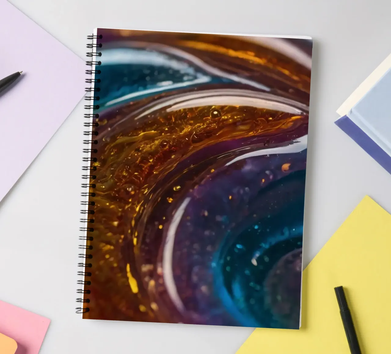 Swirling colors and textures in a close-up view of spiral notebook by DesignDoodle