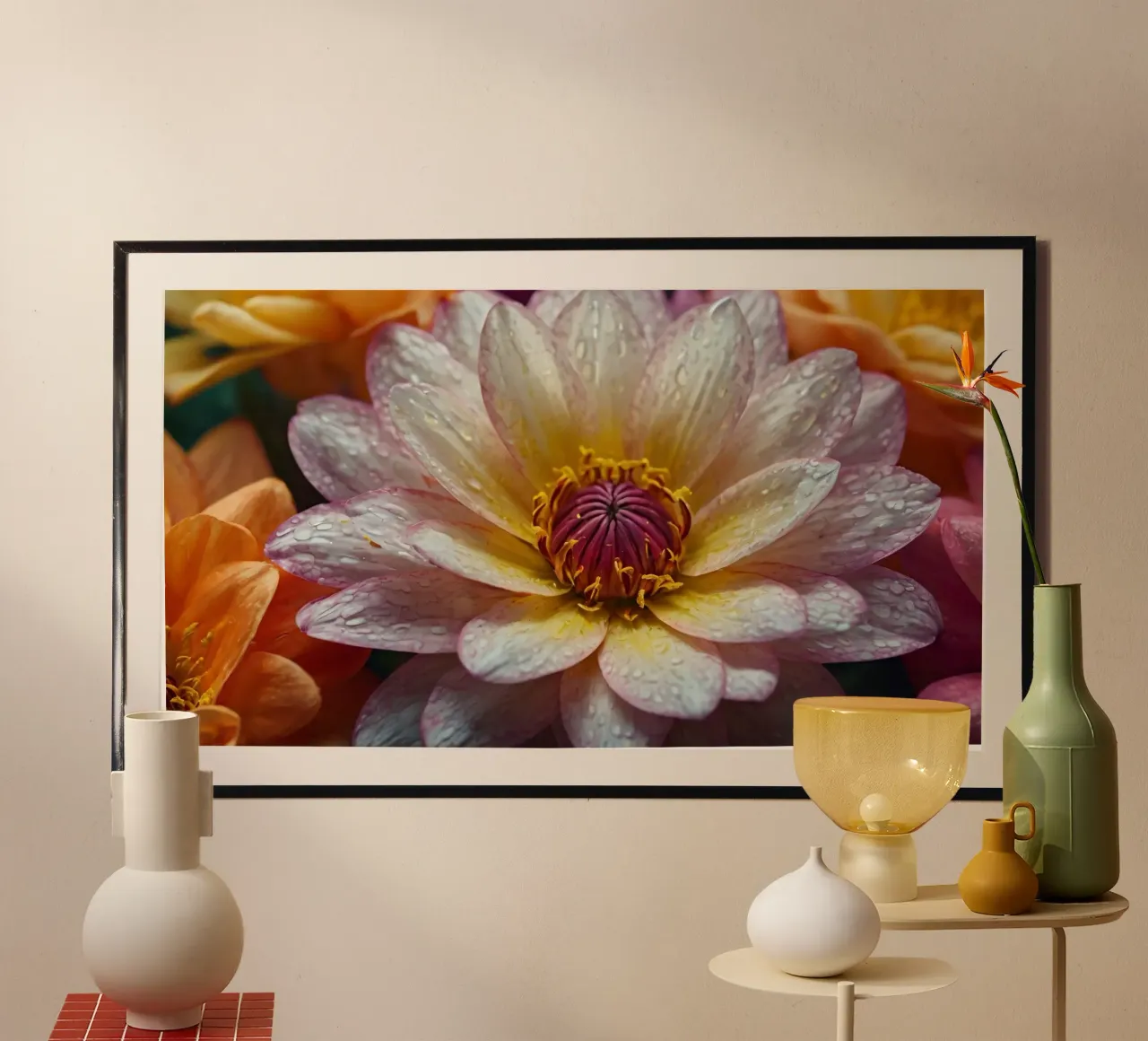 Délicates fleurs de nénuphar entourées de pétales colorés poster de DesignDoodle