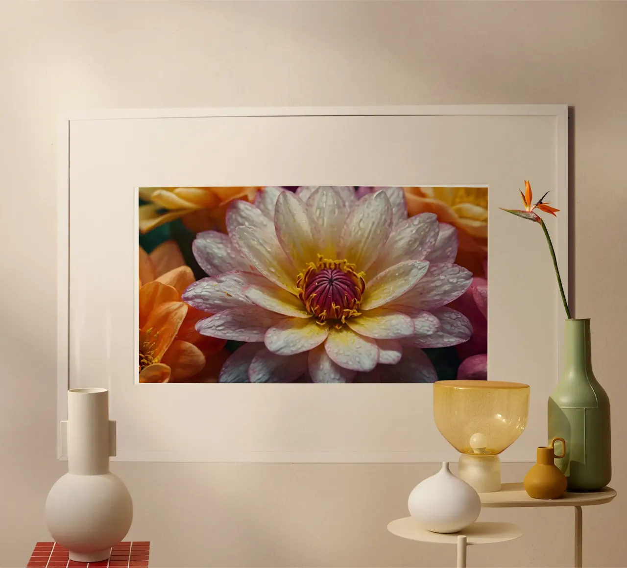 Délicates fleurs de nénuphar entourées de pétales colorés poster de DesignDoodle