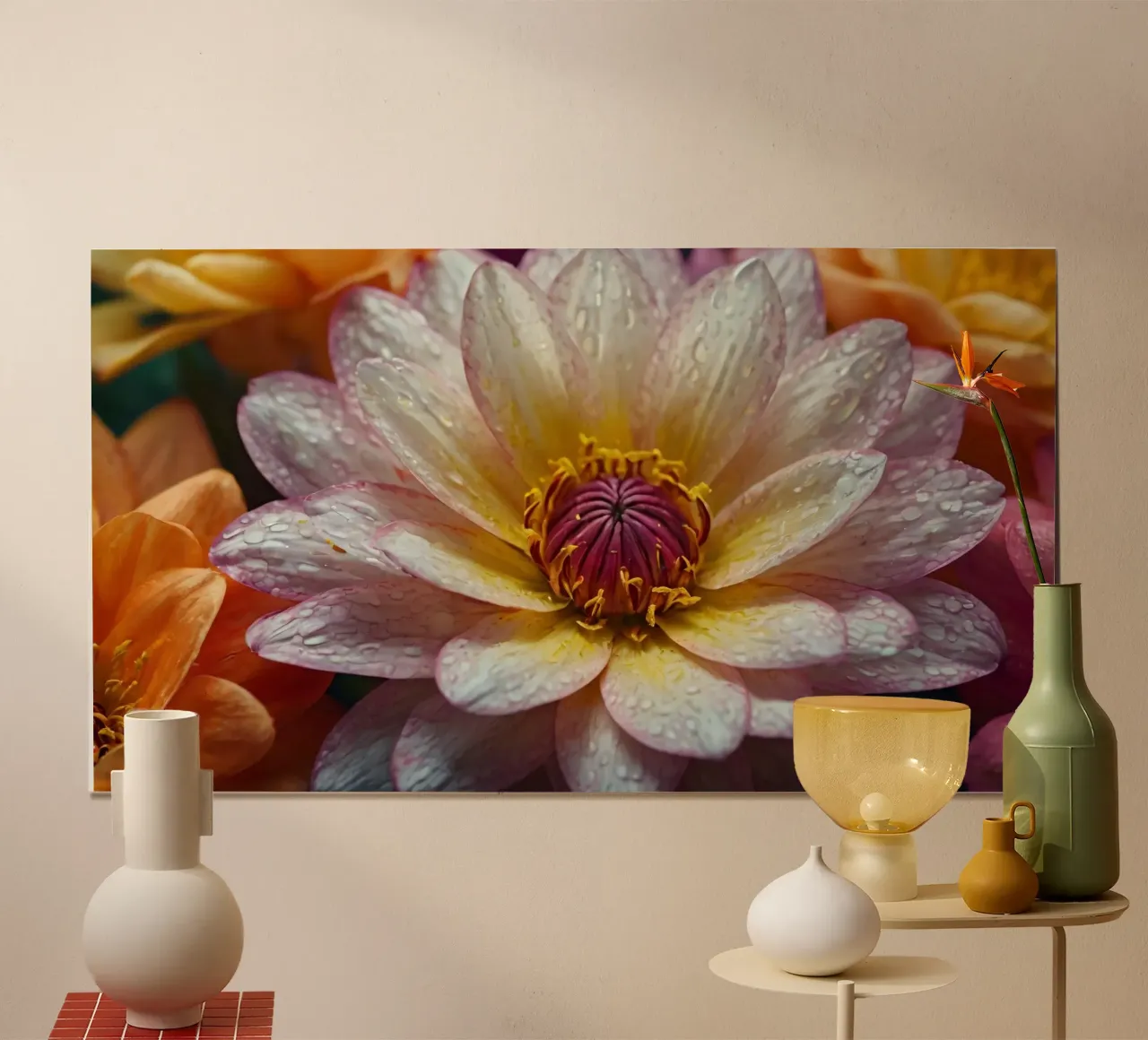 Délicates fleurs de nénuphar entourées de pétales colorés poster de DesignDoodle