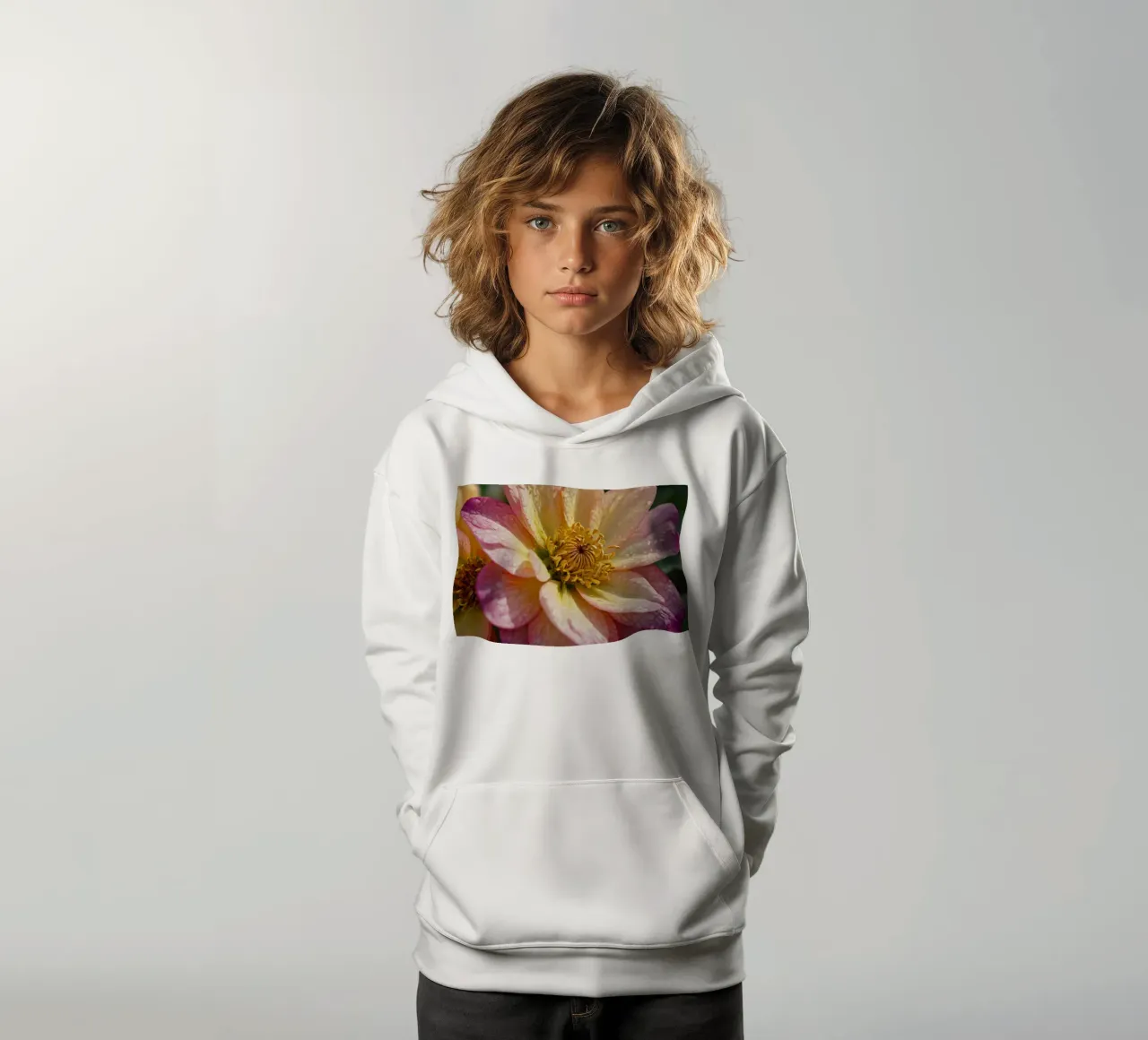 Primer plano de una flor vibrante en un jardín sudadera con capucha para niño de DesignDoodle