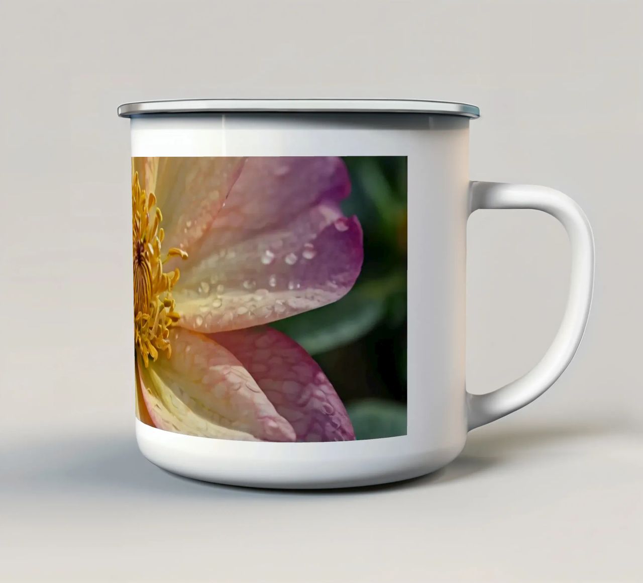Vue rapprochée d'une fleur vibrante dans un jardin mug en émail de DesignDoodle