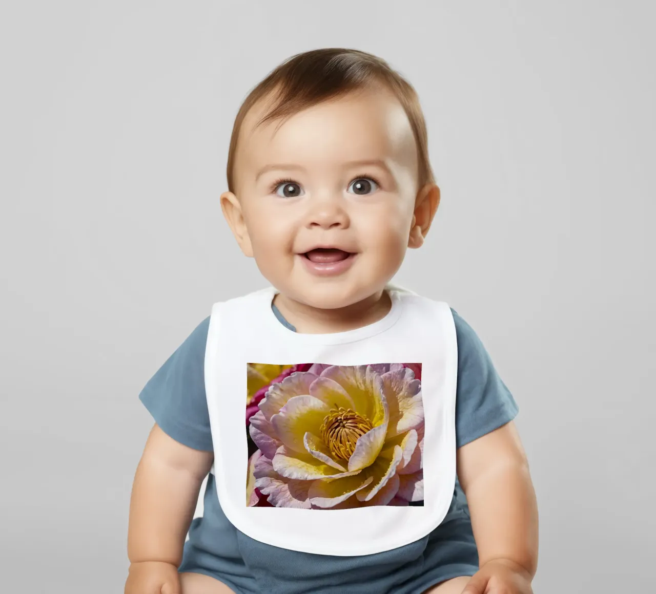 un vivace fiore di camelia giallo e rosa in fiore bavaglino da DesignDoodle