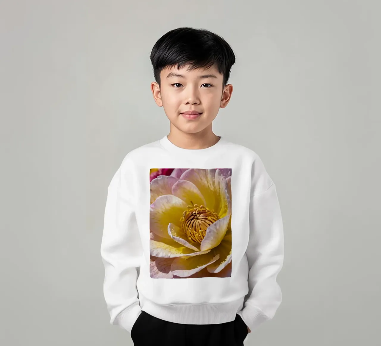 un vivace fiore di camelia giallo e rosa in fiore felpa bambino da DesignDoodle