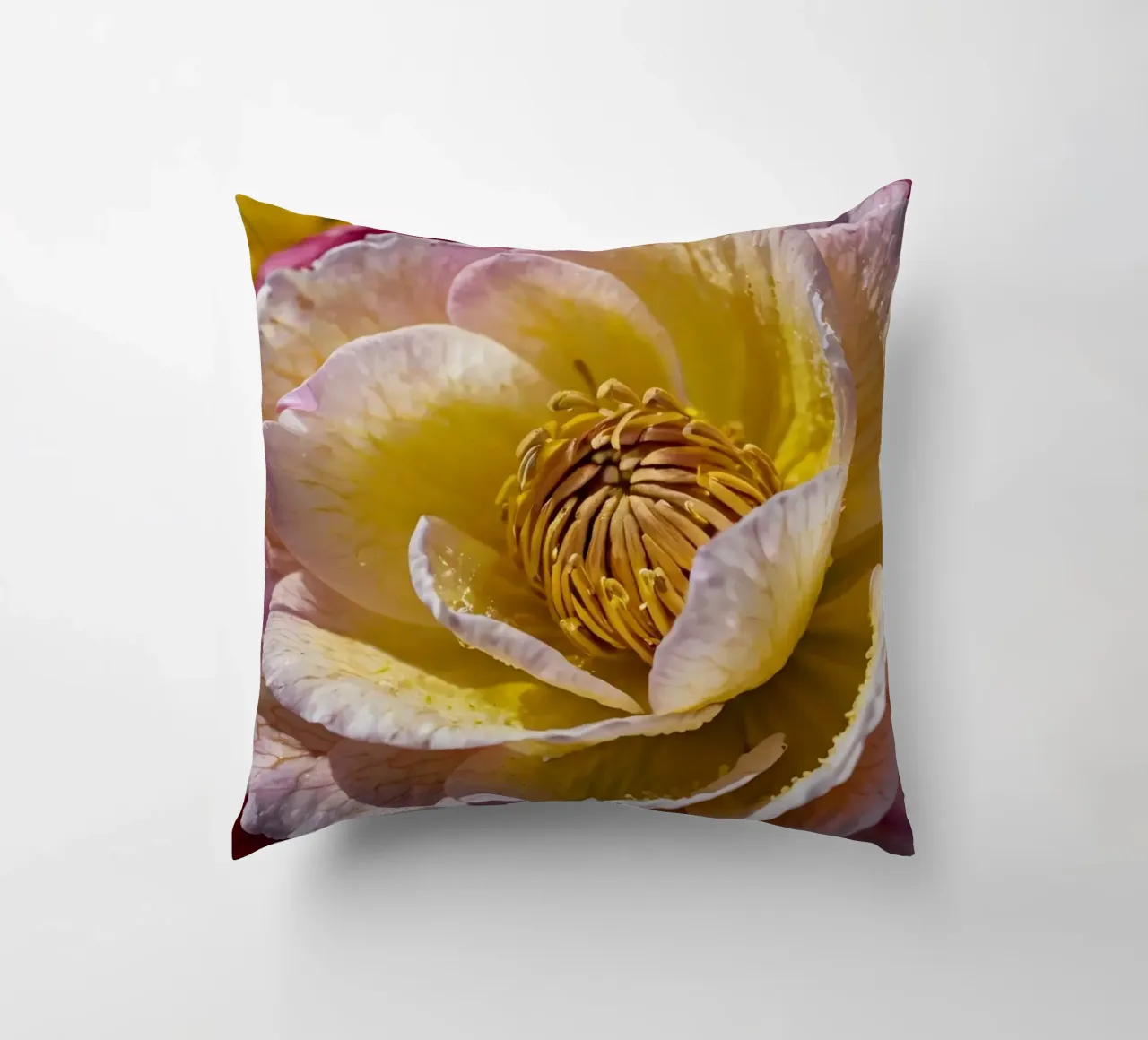 un vivace fiore di camelia giallo e rosa in fiore cuscino da DesignDoodle