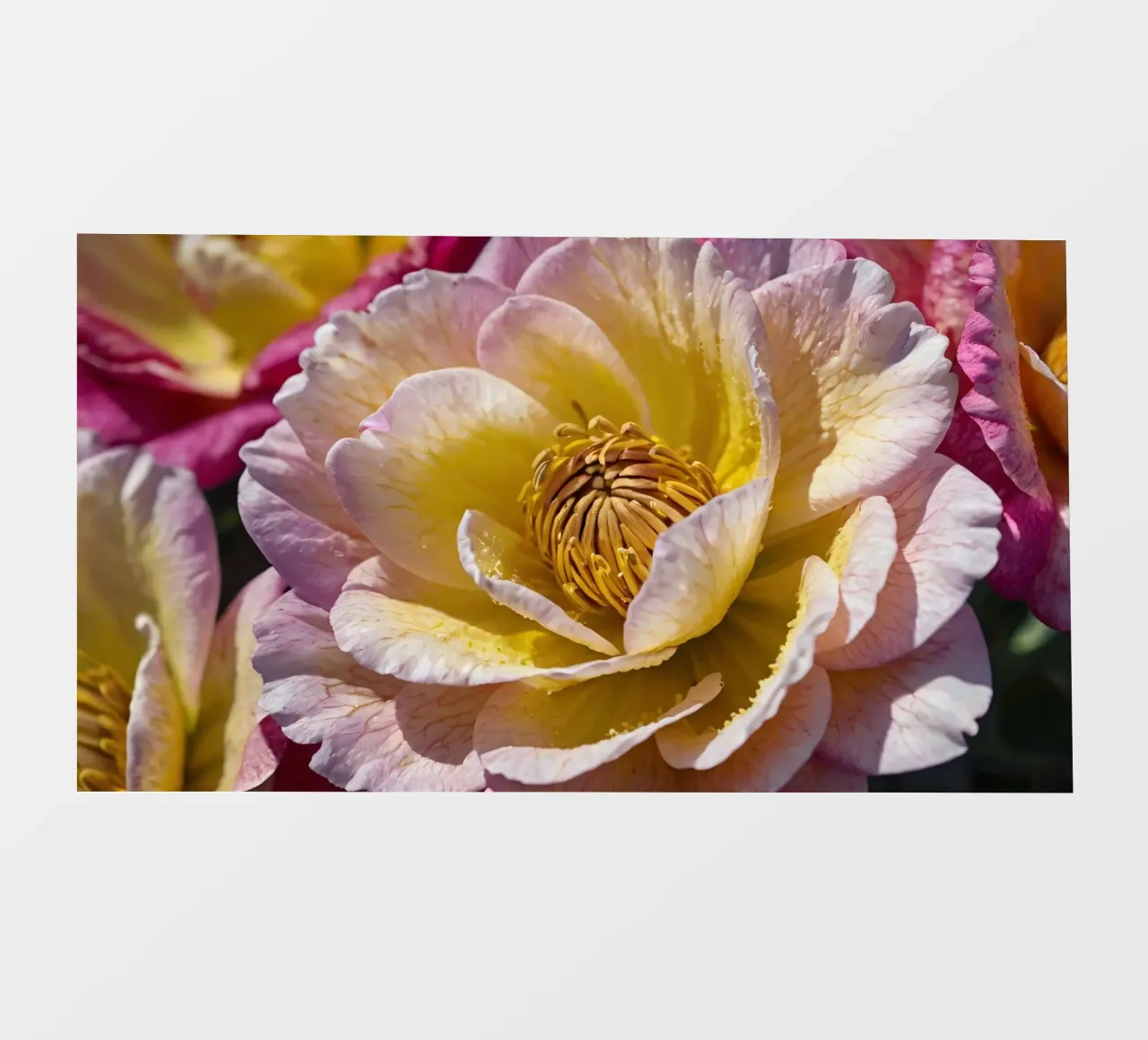 un vivace fiore di camelia giallo e rosa in fiore telo in pvc da DesignDoodle