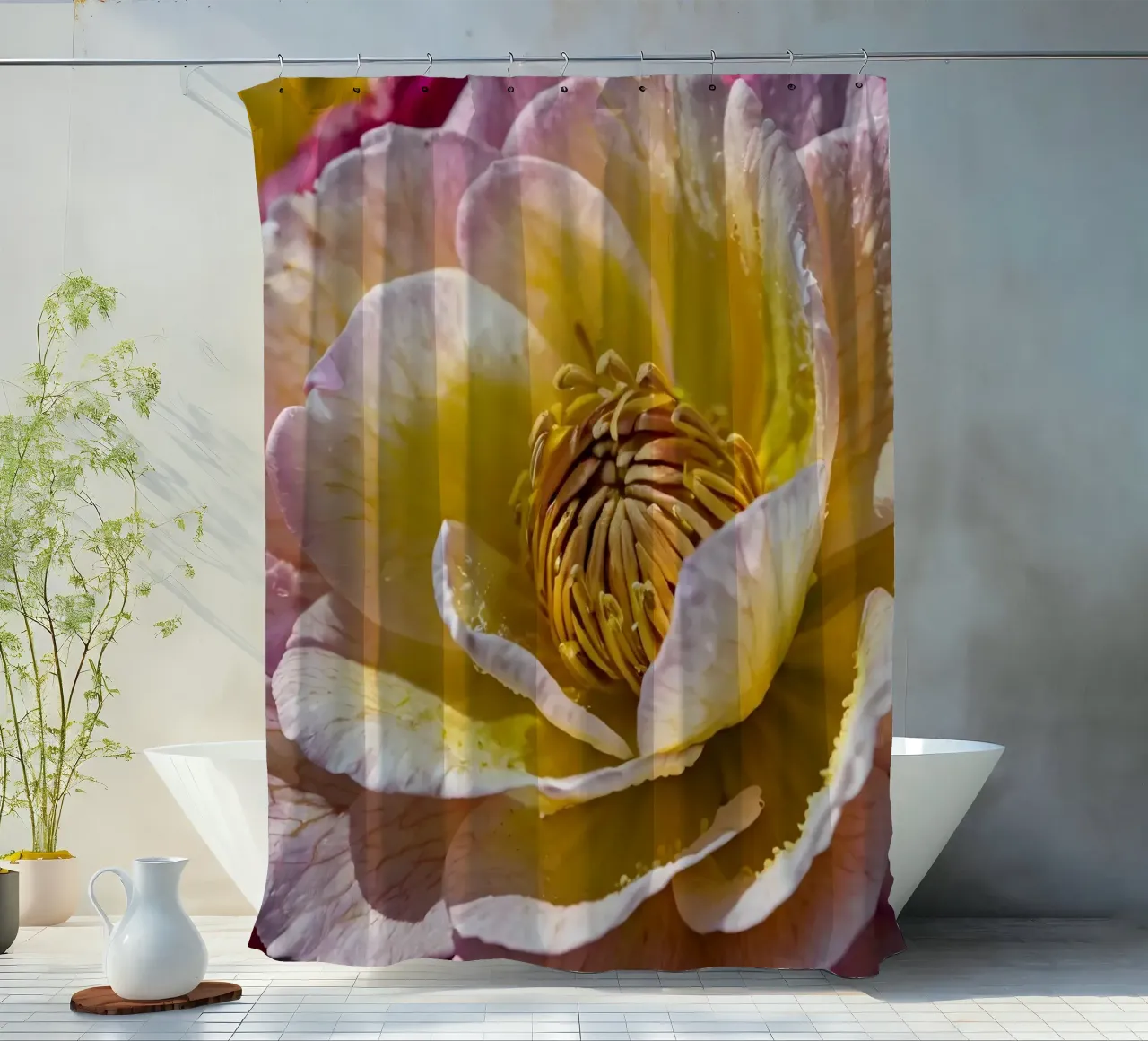 un vivace fiore di camelia giallo e rosa in fiore tenda da doccia da DesignDoodle