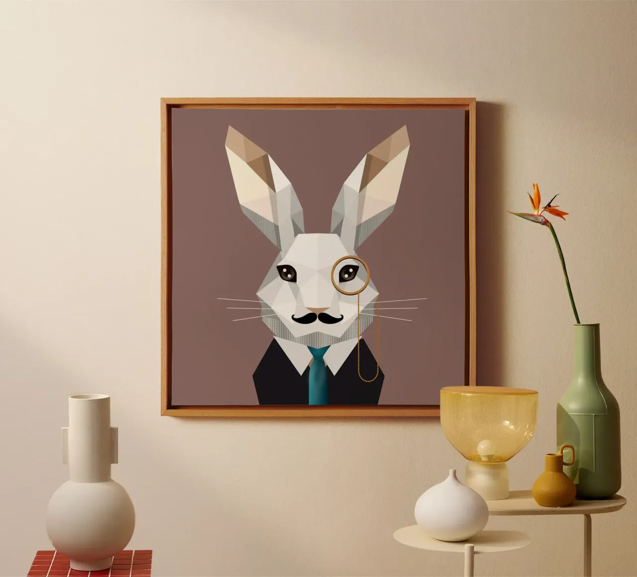 Elegant Easter bunny with monocle & moustache canvas with Floater frame by namosh