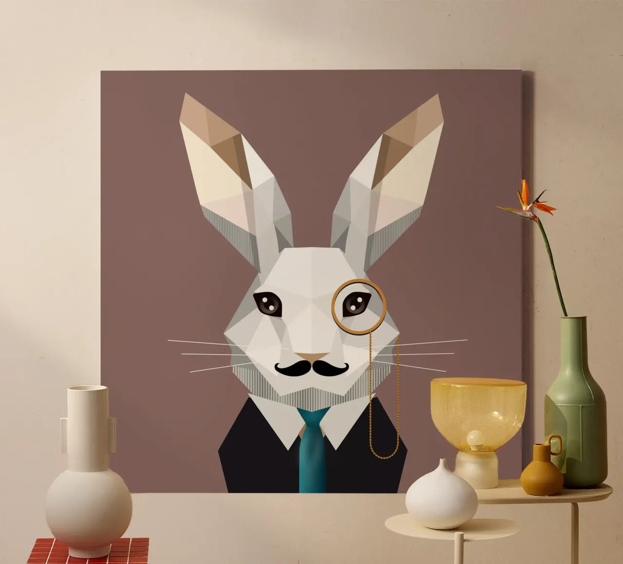 Elegant Easter bunny with monocle & moustache canvas with Floater frame by namosh