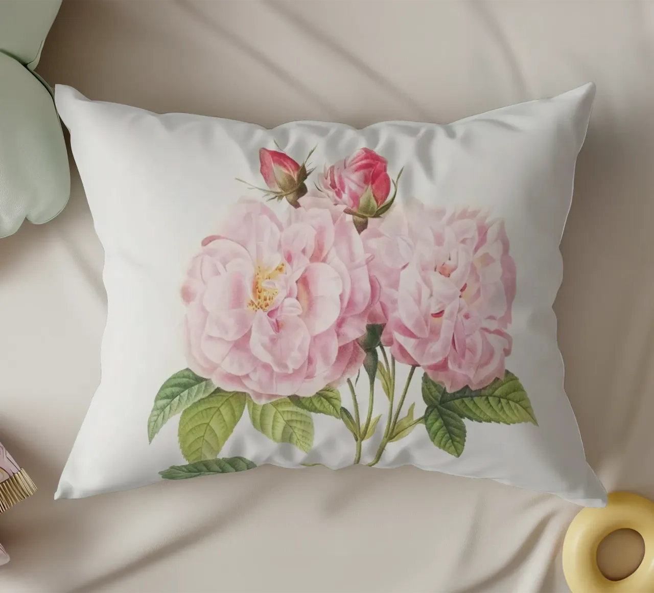 Pink Roses Botanical Print decorative cushion by Venus Art