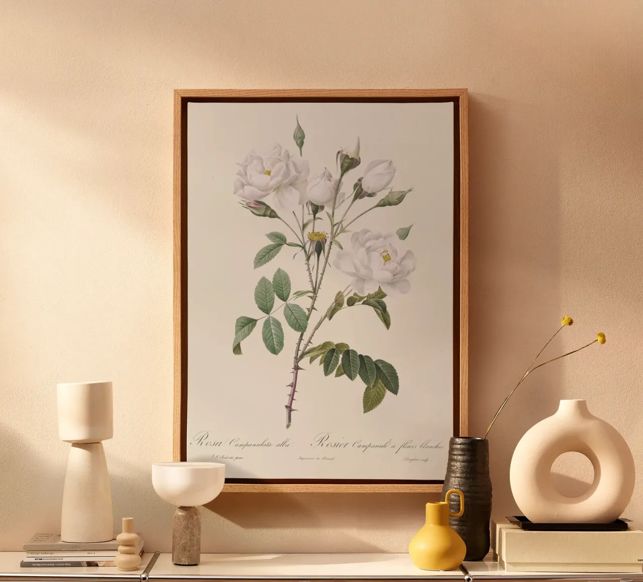 White Roses Botanical Illustration canvas with Floater frame by Venus Art