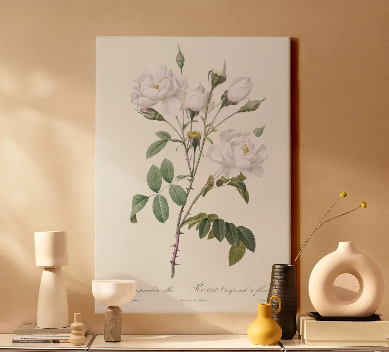 White Roses Botanical Illustration canvas with Floater frame by Venus Art