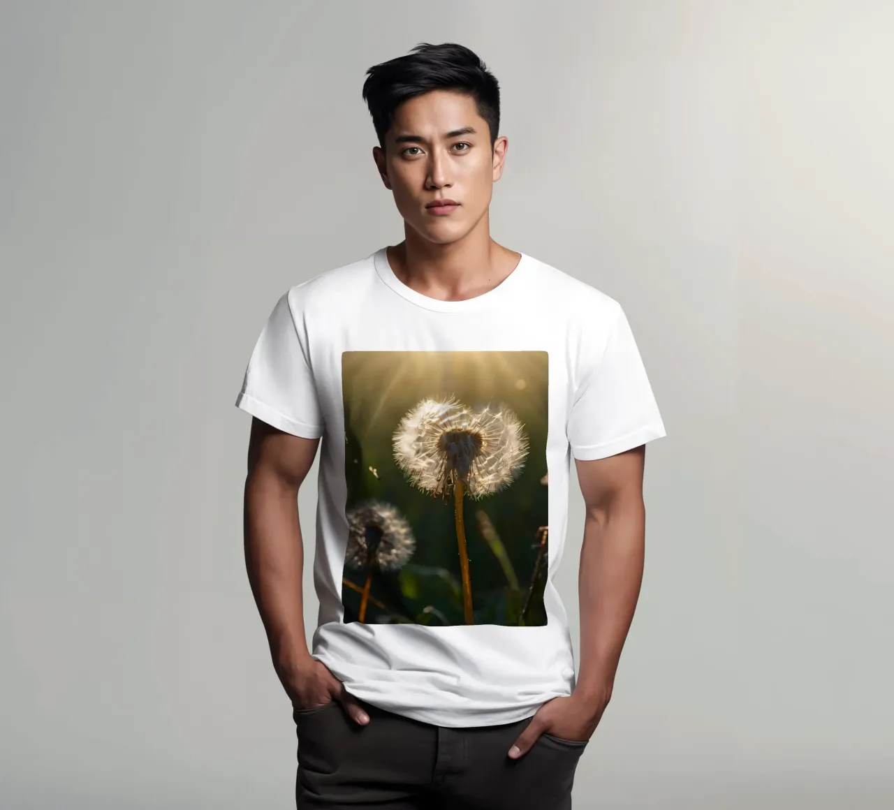 Vom Sonnenlicht beleuchteter Löwenzahn in einem üppigen grünen Feld T-Shirt von DesignDoodle