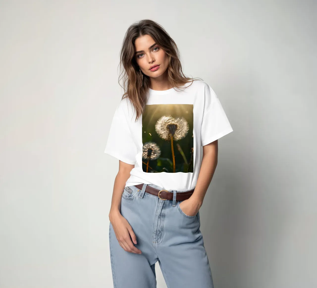 Vom Sonnenlicht beleuchteter Löwenzahn in einem üppigen grünen Feld T-Shirt von DesignDoodle