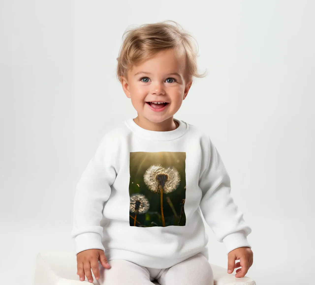 Dandelions illuminated by sunlight in a lush green field baby sweatshirt by DesignDoodle