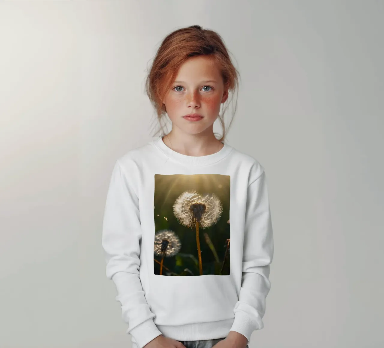 Vom Sonnenlicht beleuchteter Löwenzahn in einem üppigen grünen Feld Kinder Sweatshirt von DesignDoodle