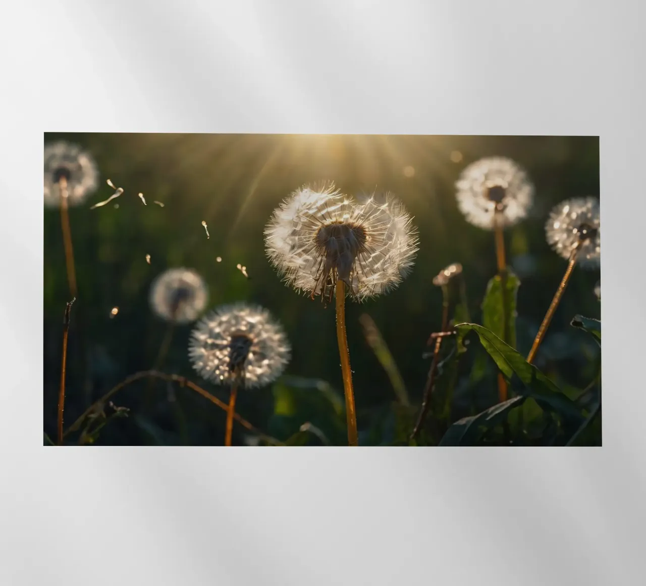 Denti di leone illuminati dalla luce del sole in un campo verde e rigoglioso pellicola backlit da DesignDoodle