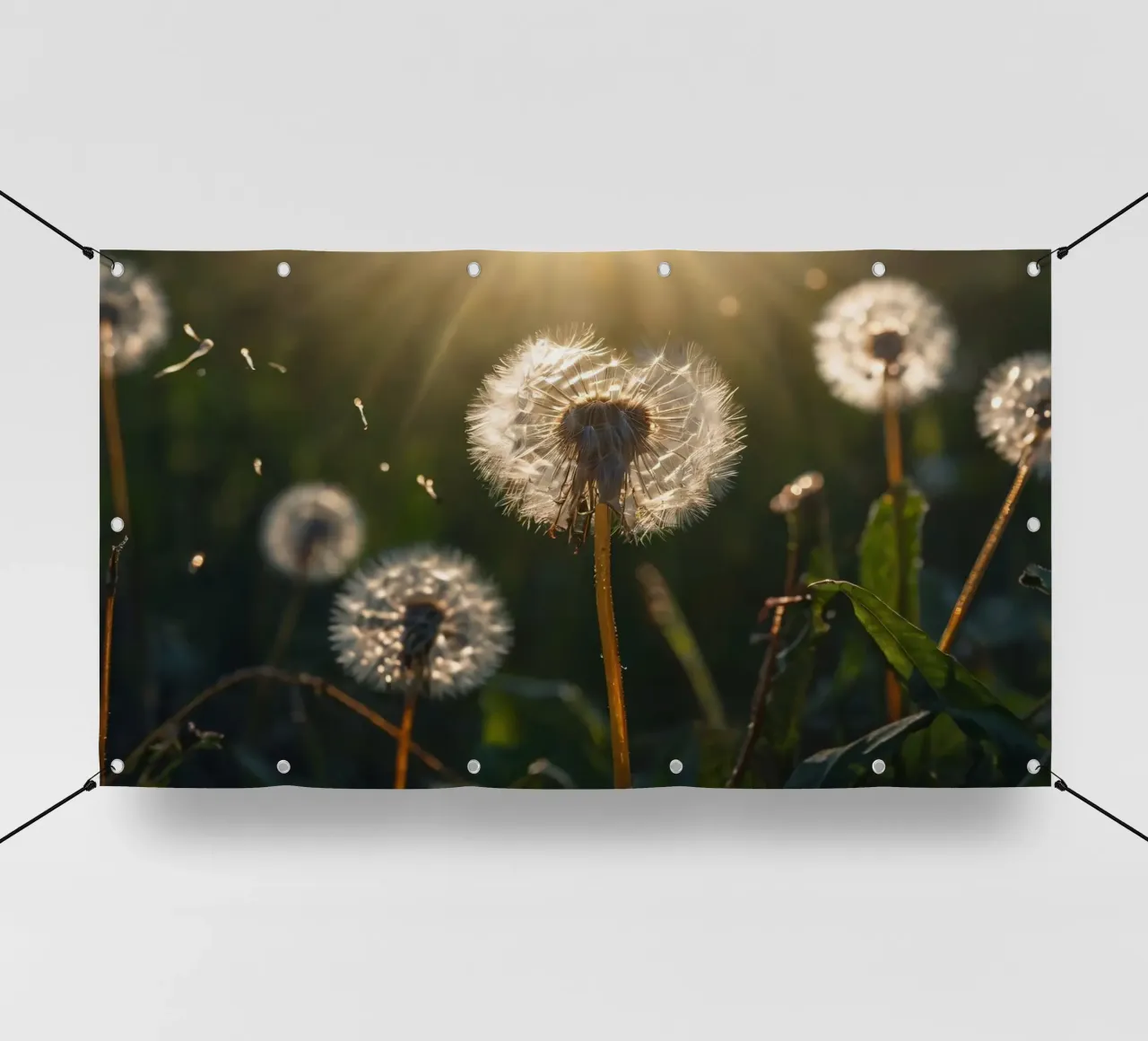 Pissenlits illuminés par la lumière du soleil dans un champ verdoyant bâche pvc de DesignDoodle