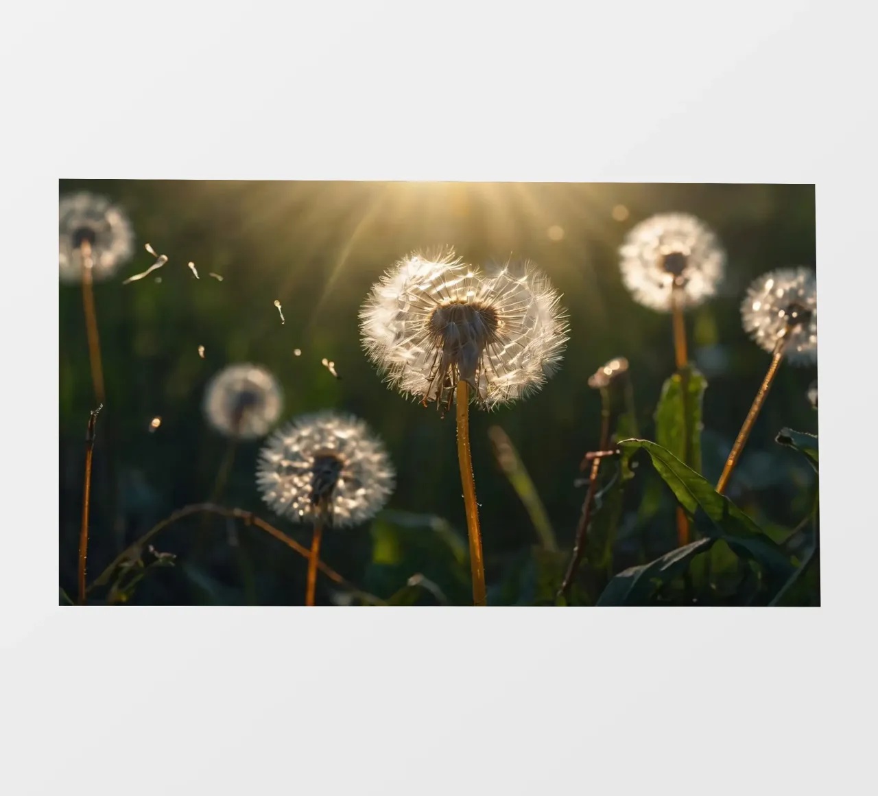 Pissenlits illuminés par la lumière du soleil dans un champ verdoyant bâche pvc de DesignDoodle