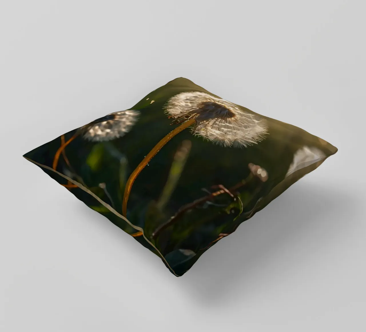 Vom Sonnenlicht beleuchteter Löwenzahn in einem üppigen grünen Feld Kissen von DesignDoodle