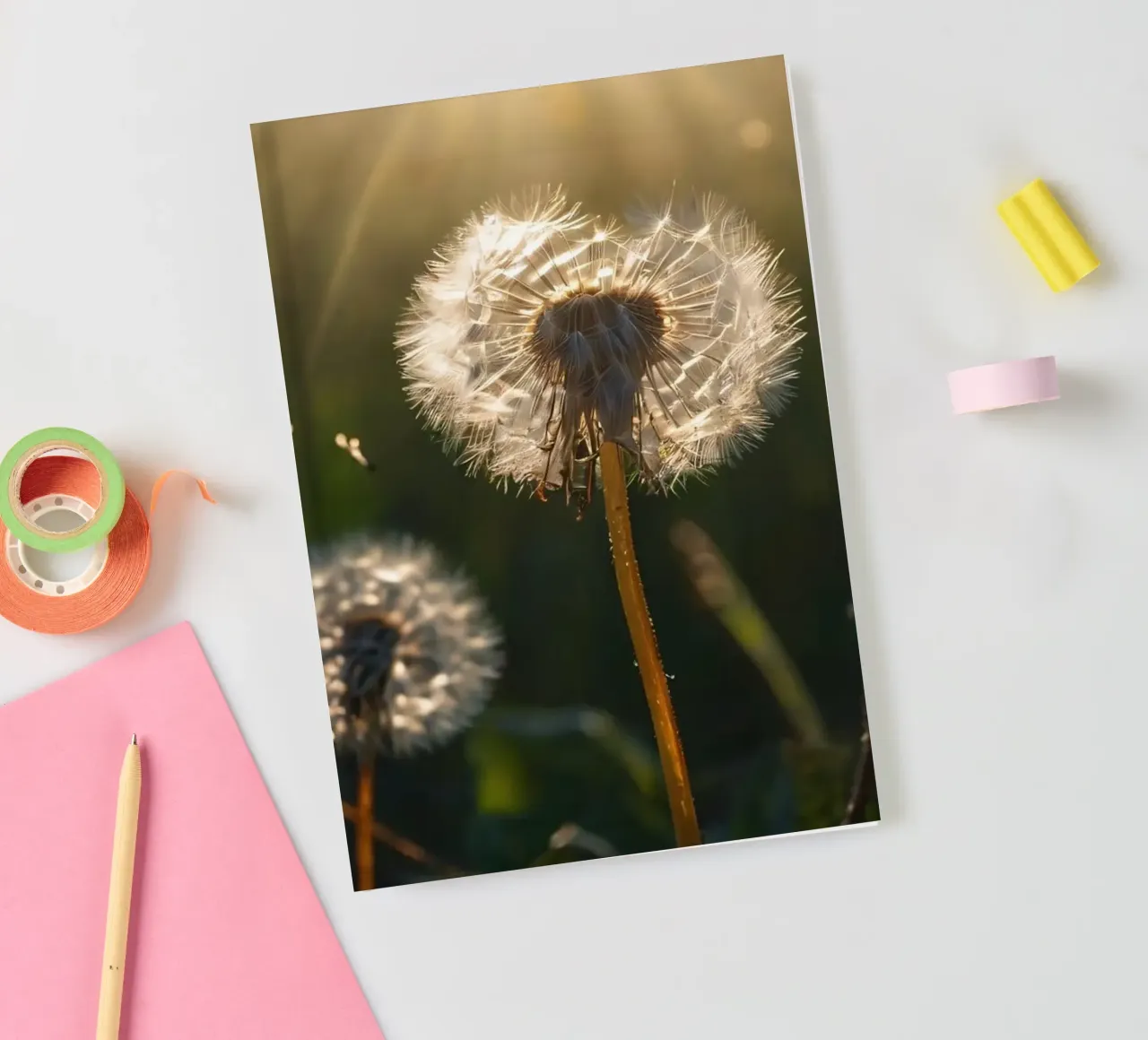 Dandelions illuminated by sunlight in a lush green field notebook by DesignDoodle