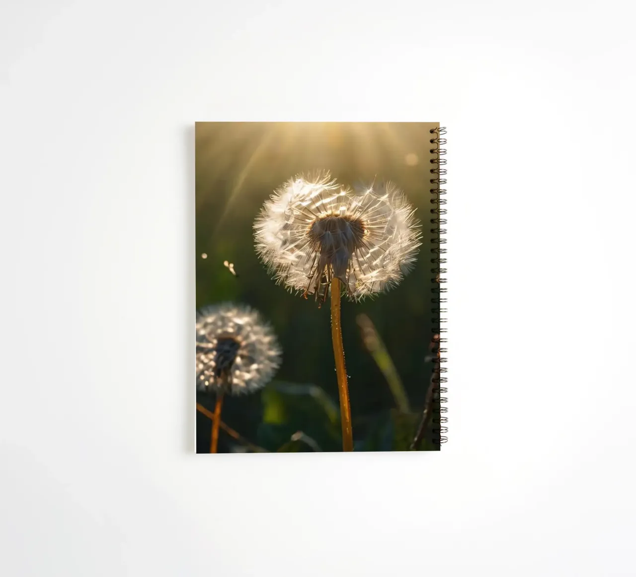 Dandelions illuminated by sunlight in a lush green field spiral notebook by DesignDoodle