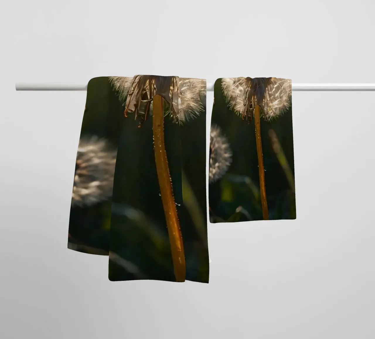 Dandelions illuminated by sunlight in a lush green field towel by DesignDoodle