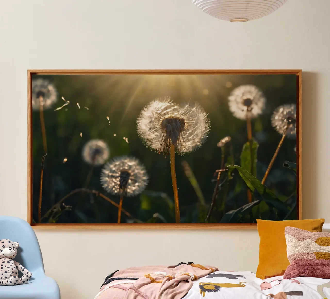Dandelions illuminated by sunlight in a lush green field canvas by DesignDoodle