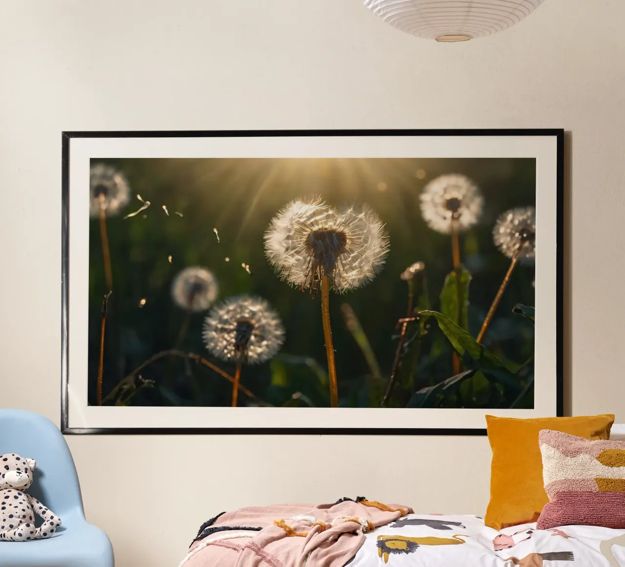 Dandelions illuminated by sunlight in a lush green field hahnemühle by DesignDoodle