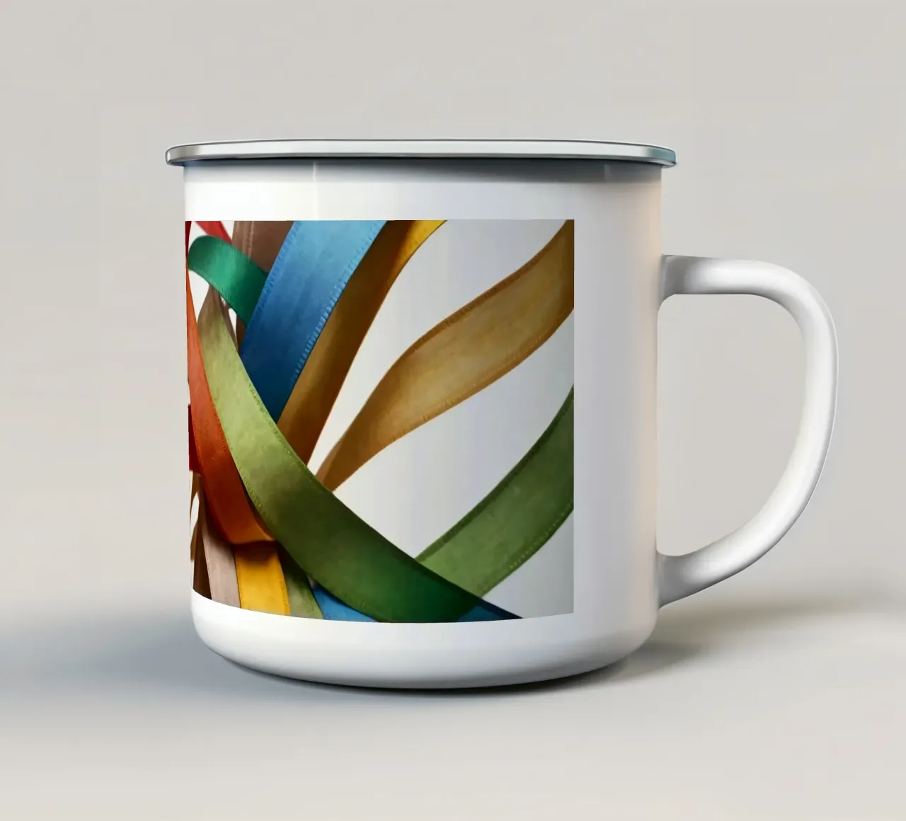 Nastri colorati intrecciati tra loro creano un'atmosfera vibrante. tazza in smalto da DesignDoodle