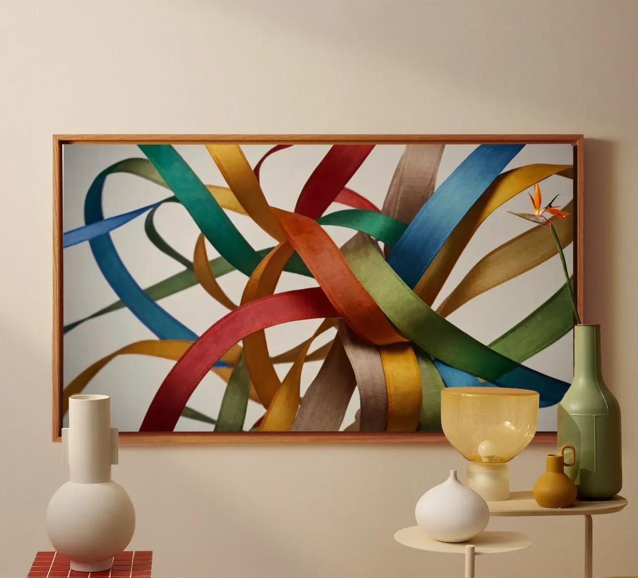 Colorful ribbons intertwined together create a vibrant displ canvas by DesignDoodle