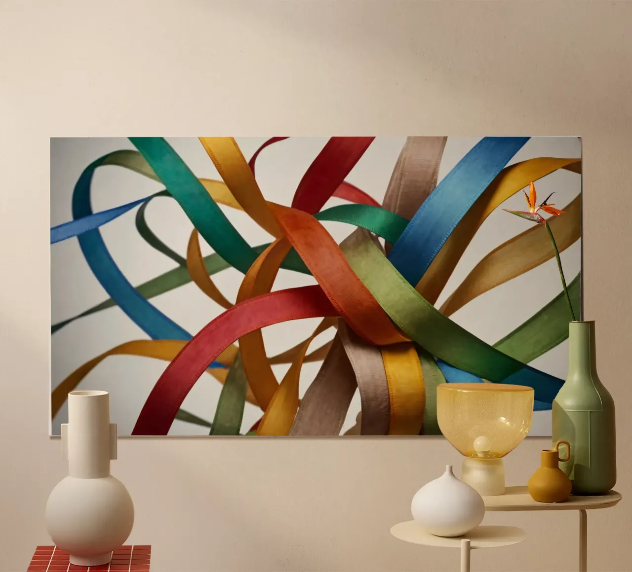 Nastri colorati intrecciati tra loro creano un'atmosfera vibrante. carta hahnemühle da DesignDoodle