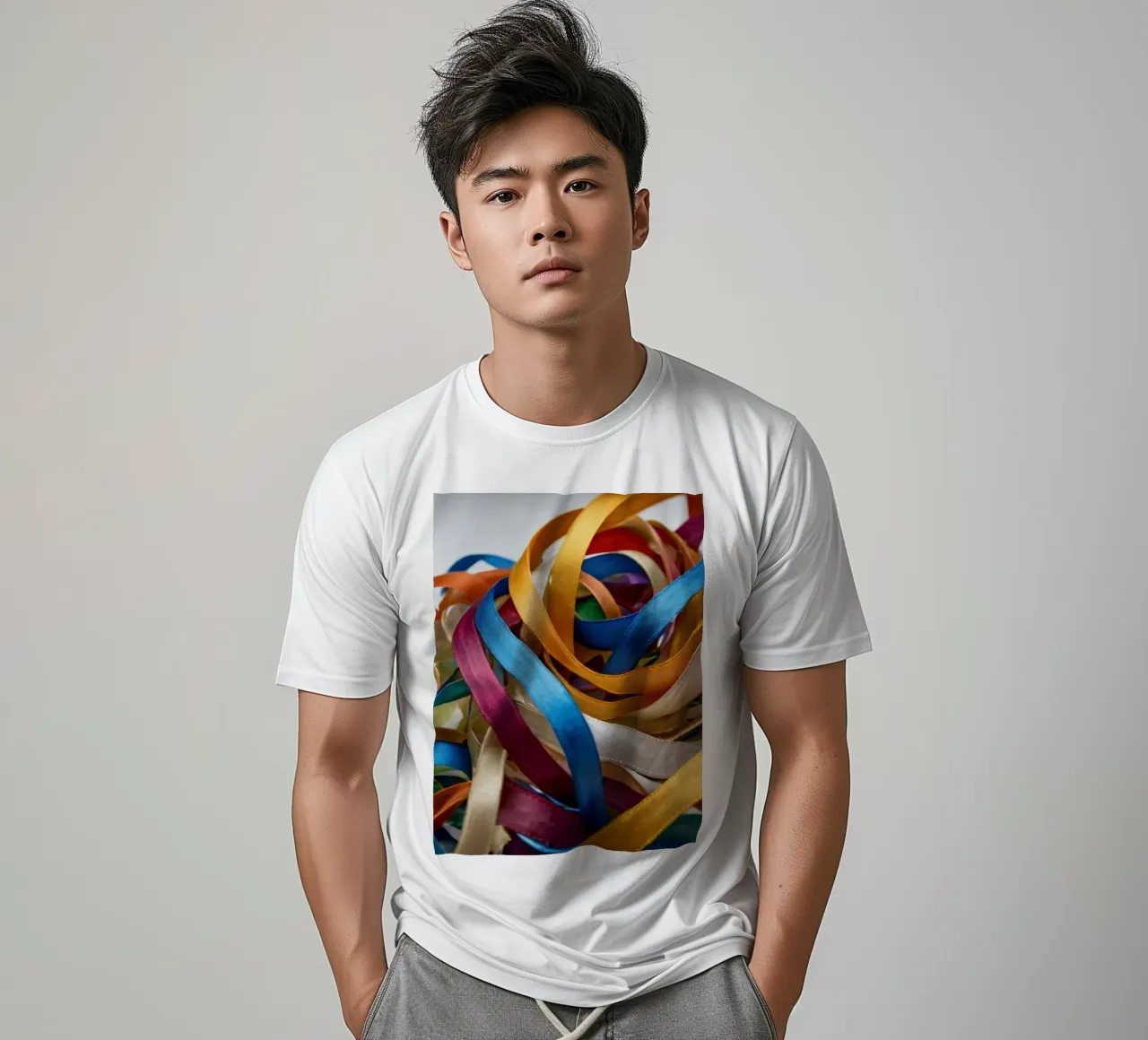 Nastri colorati aggrovigliati su una superficie bianca t-shirt da DesignDoodle
