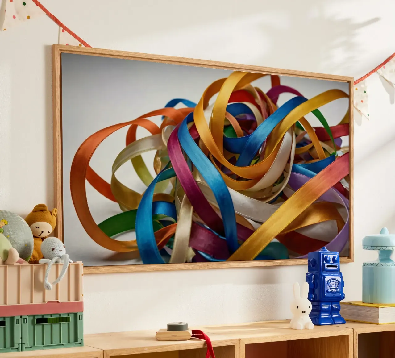 Nastri colorati aggrovigliati su una superficie bianca plexiglass da DesignDoodle