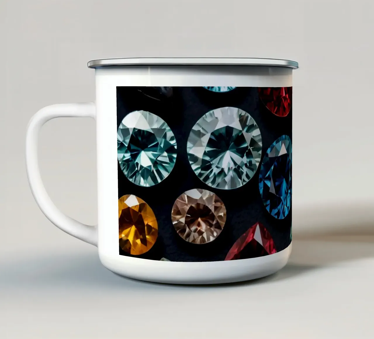 Una vivace collezione di diverse pietre preziose esposte tazza in smalto da DesignDoodle
