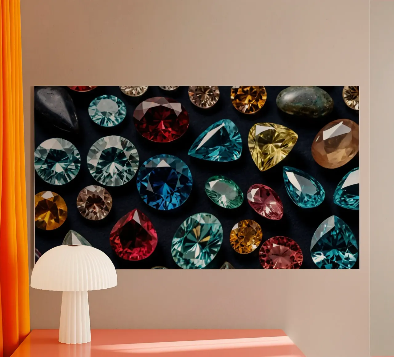 Una vivace collezione di diverse pietre preziose esposte plexiglass da DesignDoodle