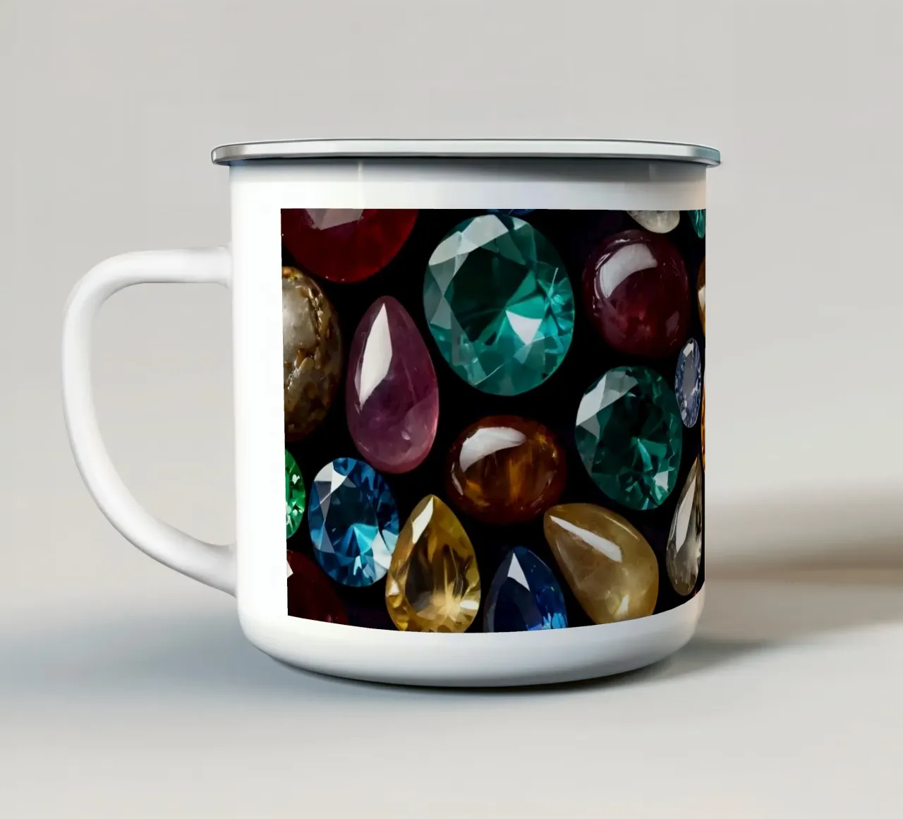 Una vivace collezione di diverse pietre preziose tazza in smalto da DesignDoodle