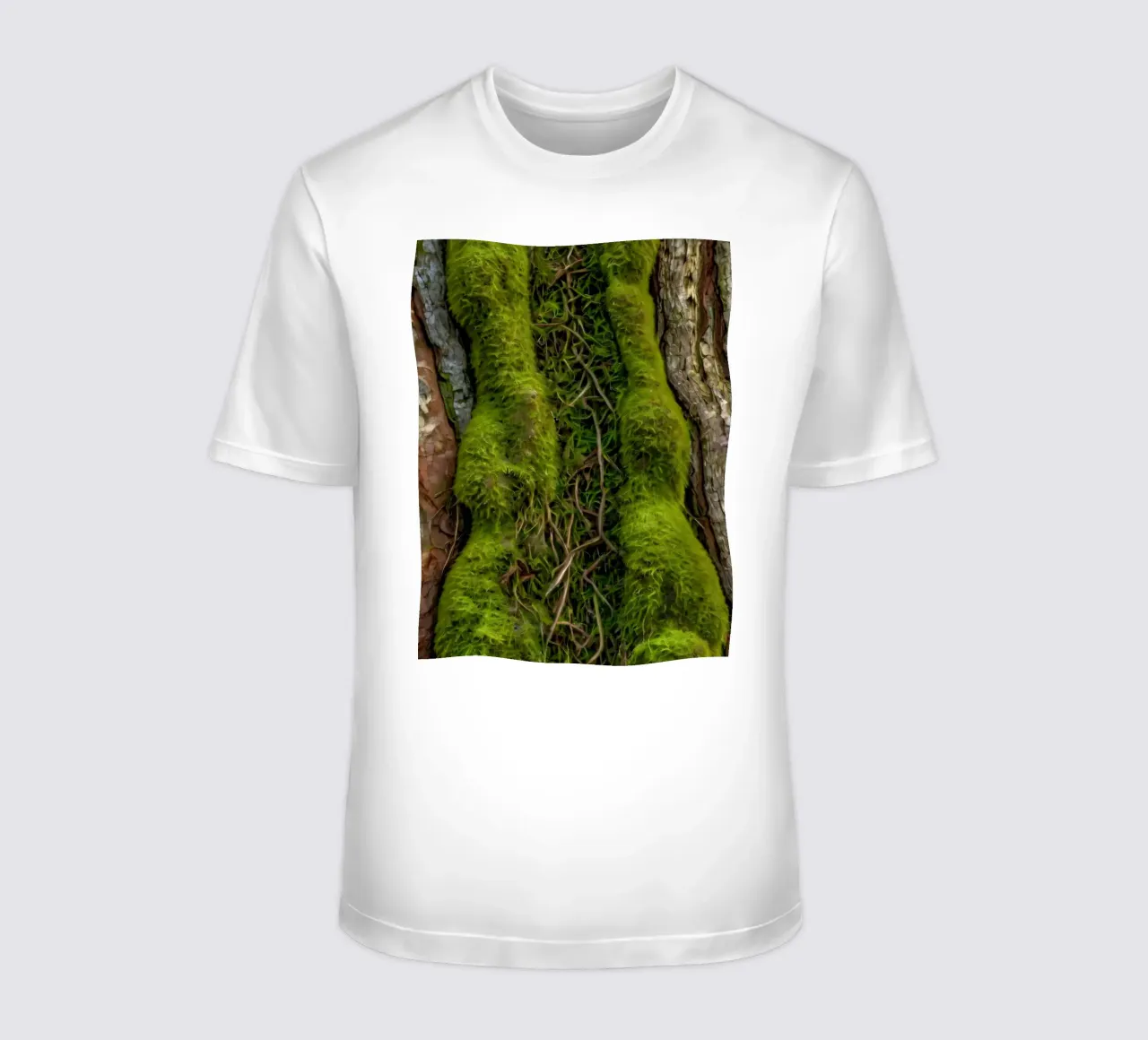 Écorce d'arbre texturée avec mousse vert vif et vin complexe. t-shirt de DesignDoodle