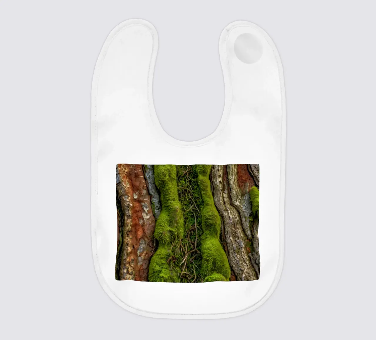 Textured tree bark with vibrant green moss and intricate vin baby bib by DesignDoodle