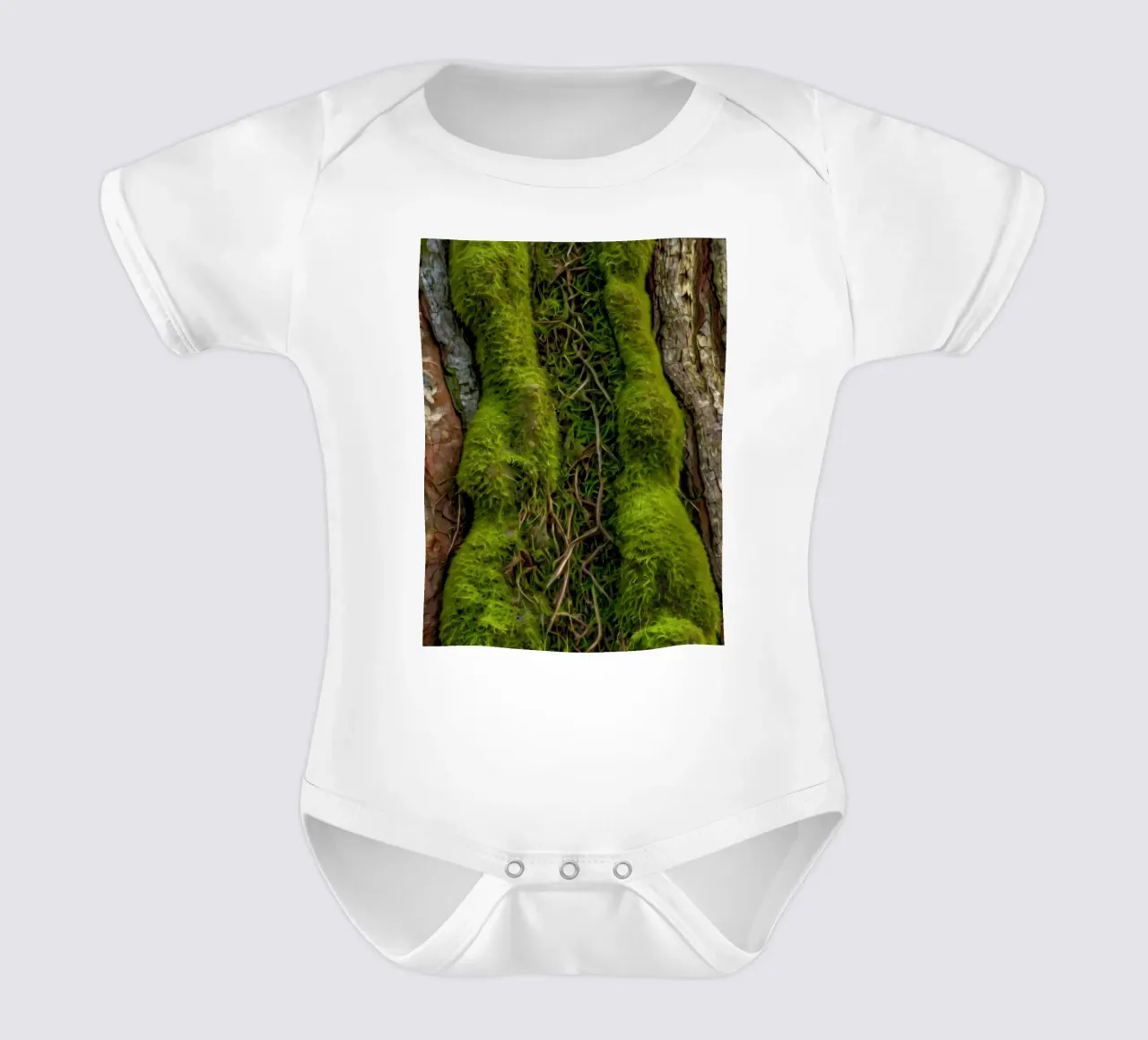 Écorce d'arbre texturée avec mousse vert vif et vin complexe. body bébé de DesignDoodle