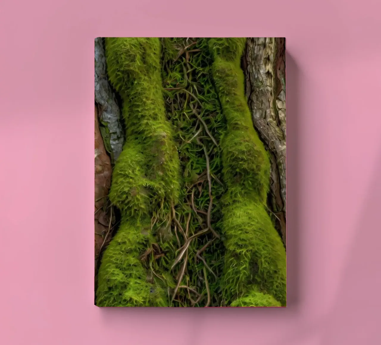 Écorce d'arbre texturée avec mousse vert vif et vin complexe. carnet de notes de DesignDoodle