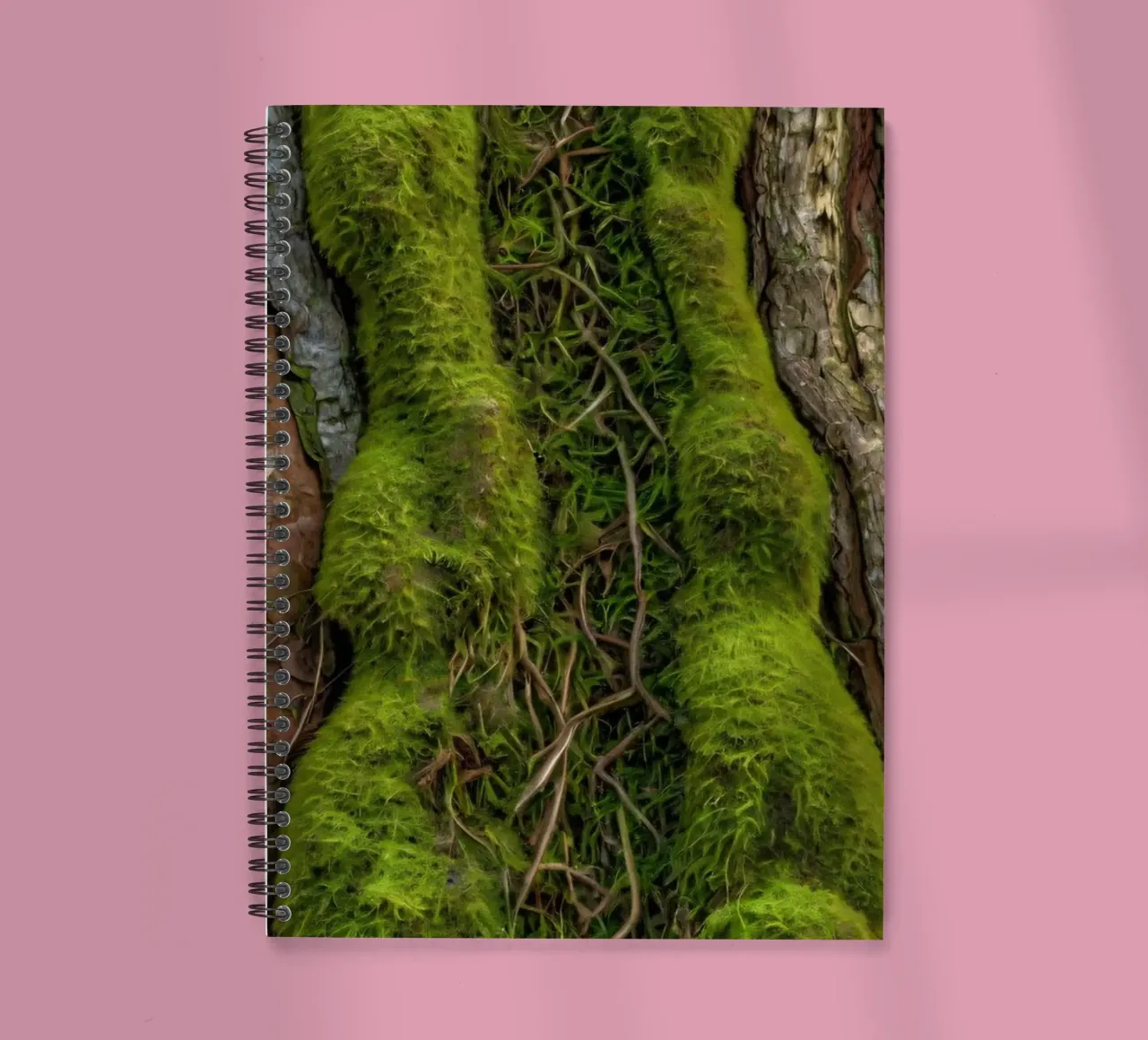 Textured tree bark with vibrant green moss and intricate vin spiral notebook by DesignDoodle