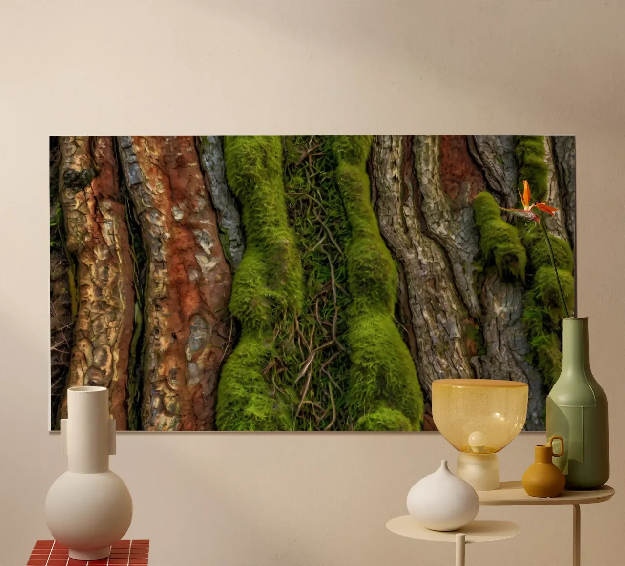 Écorce d'arbre texturée avec mousse vert vif et vin complexe. hahnemühle de DesignDoodle