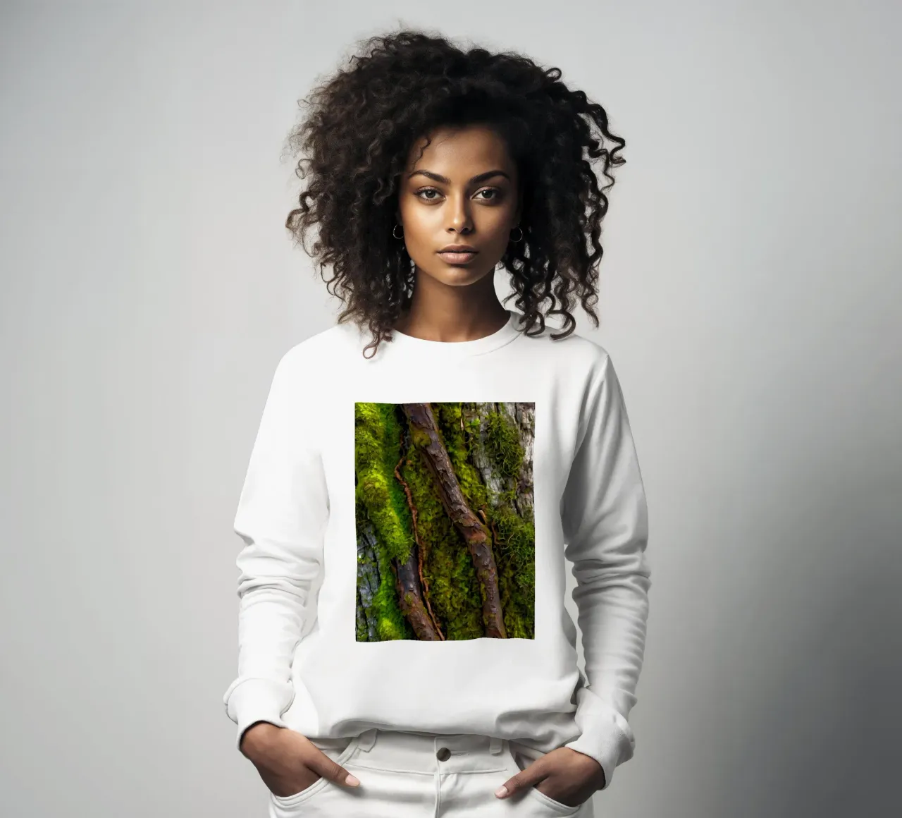 Moss-covered tree bark with twisting branches in a forest sweatshirt by DesignDoodle