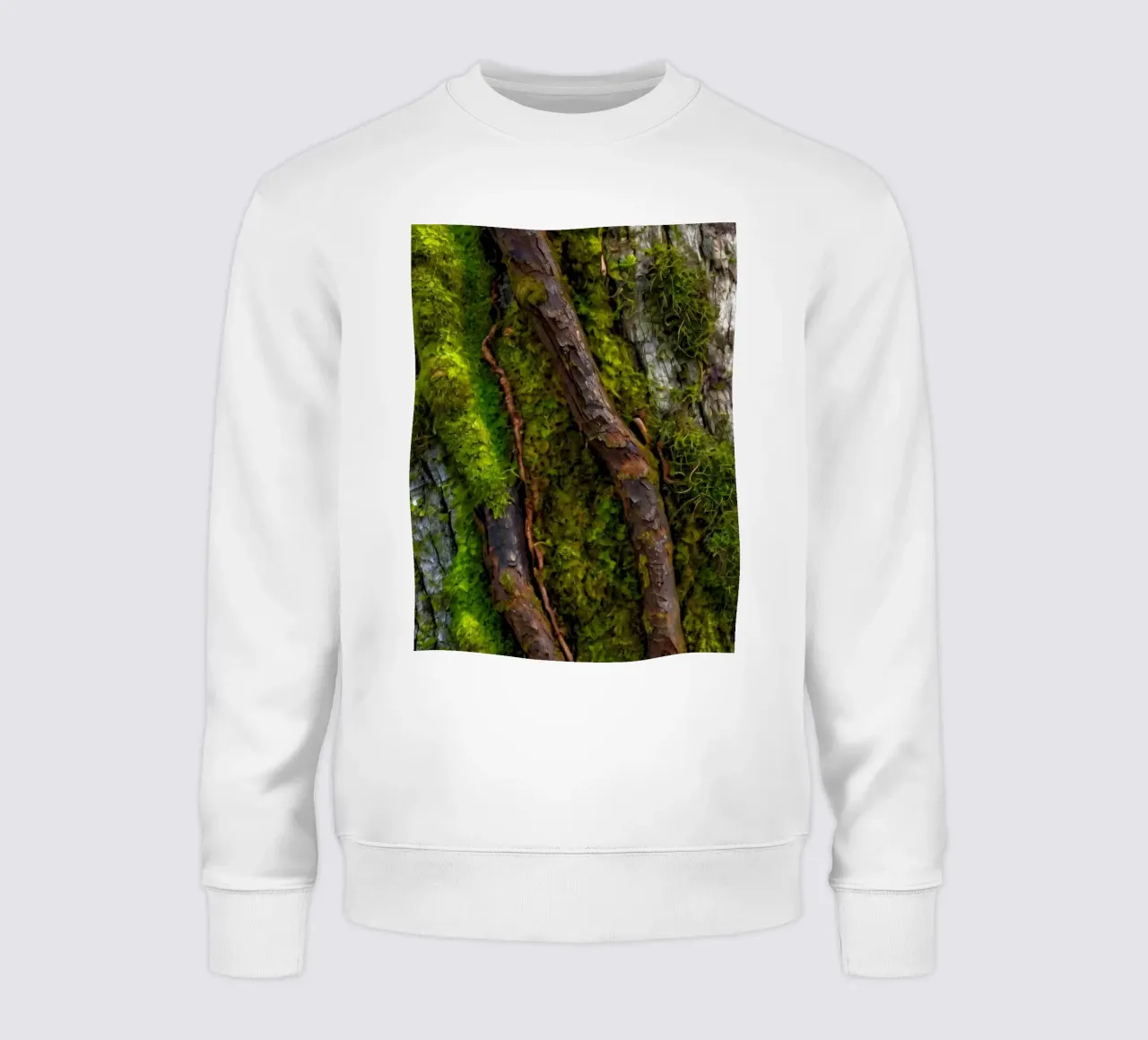 Moss-covered tree bark with twisting branches in a forest sweatshirt by DesignDoodle