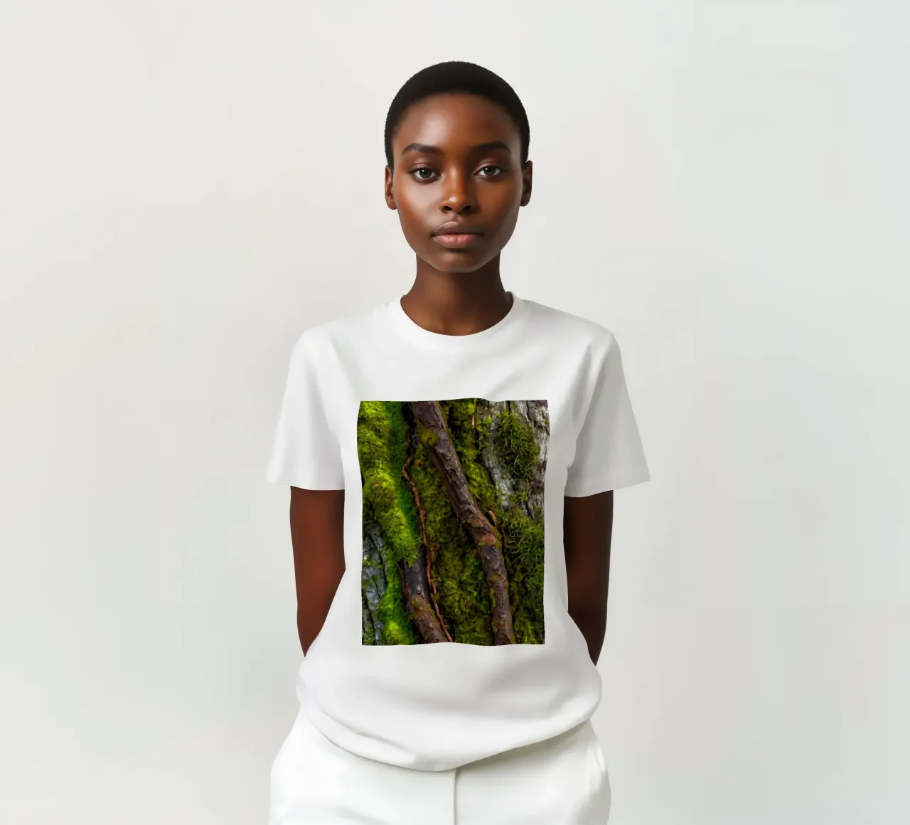 Moss-covered tree bark with twisting branches in a forest t-shirt by DesignDoodle