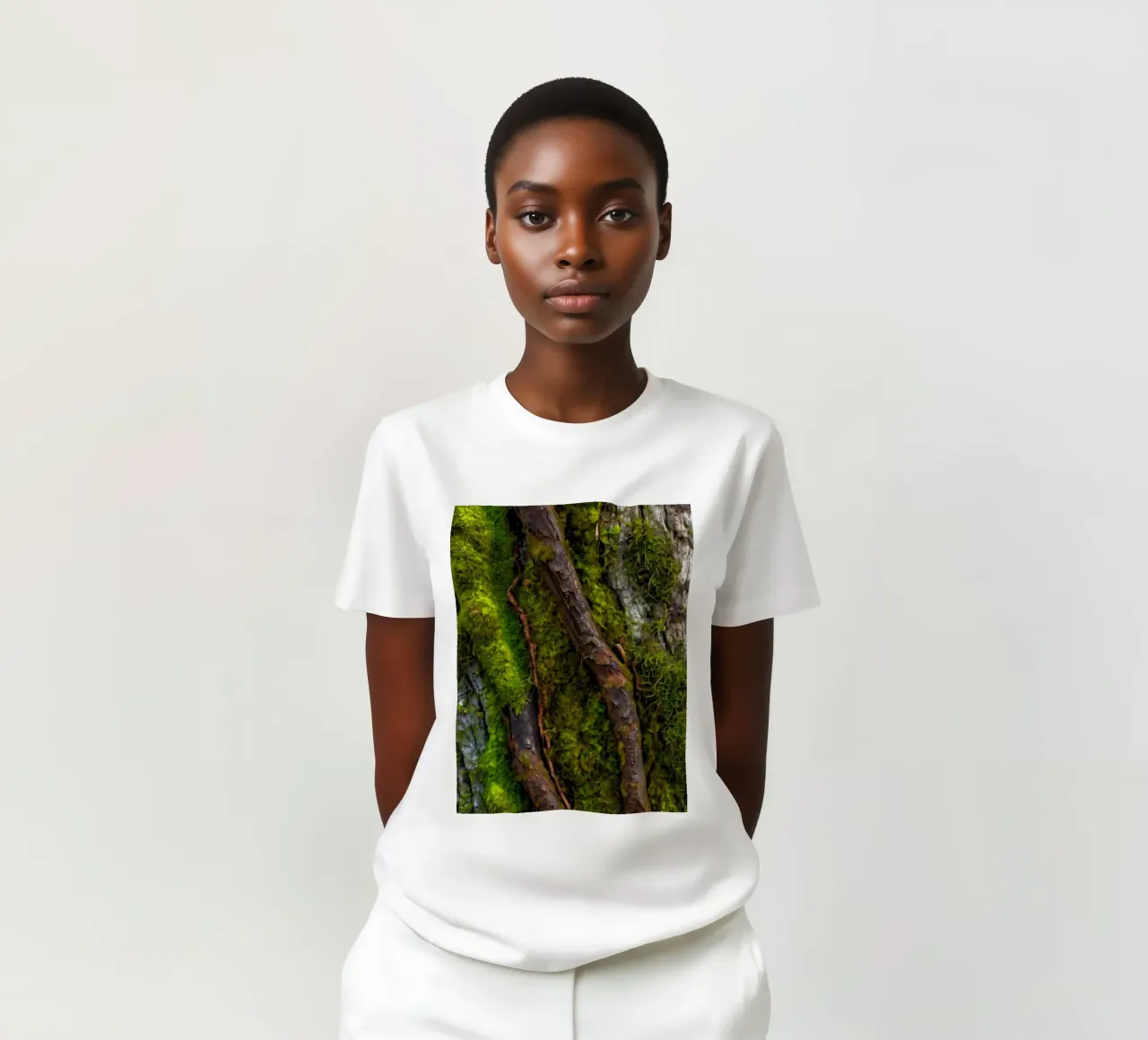 Moss-covered tree bark with twisting branches in a forest t-shirt by DesignDoodle