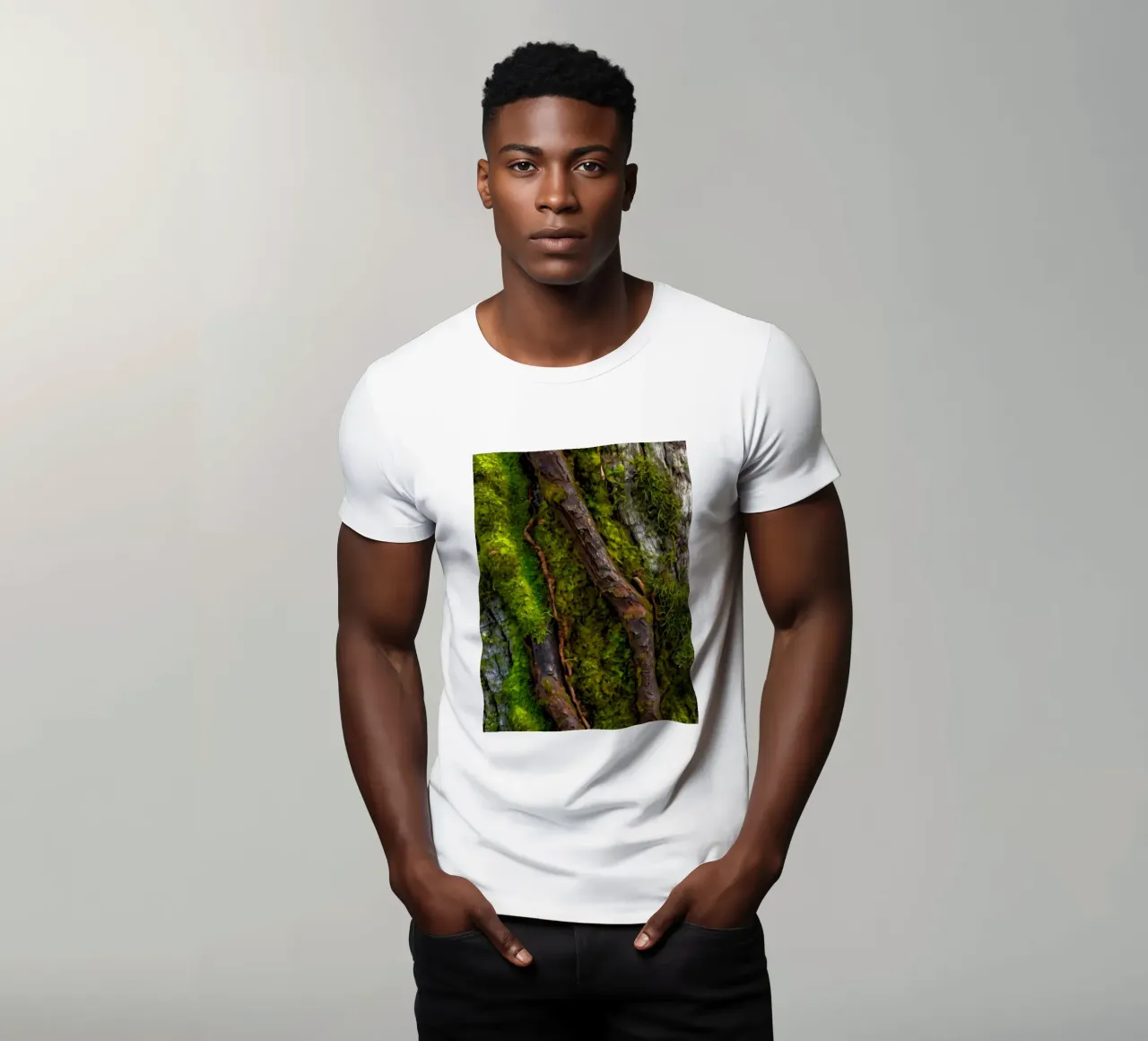 Moss-covered tree bark with twisting branches in a forest t-shirt by DesignDoodle