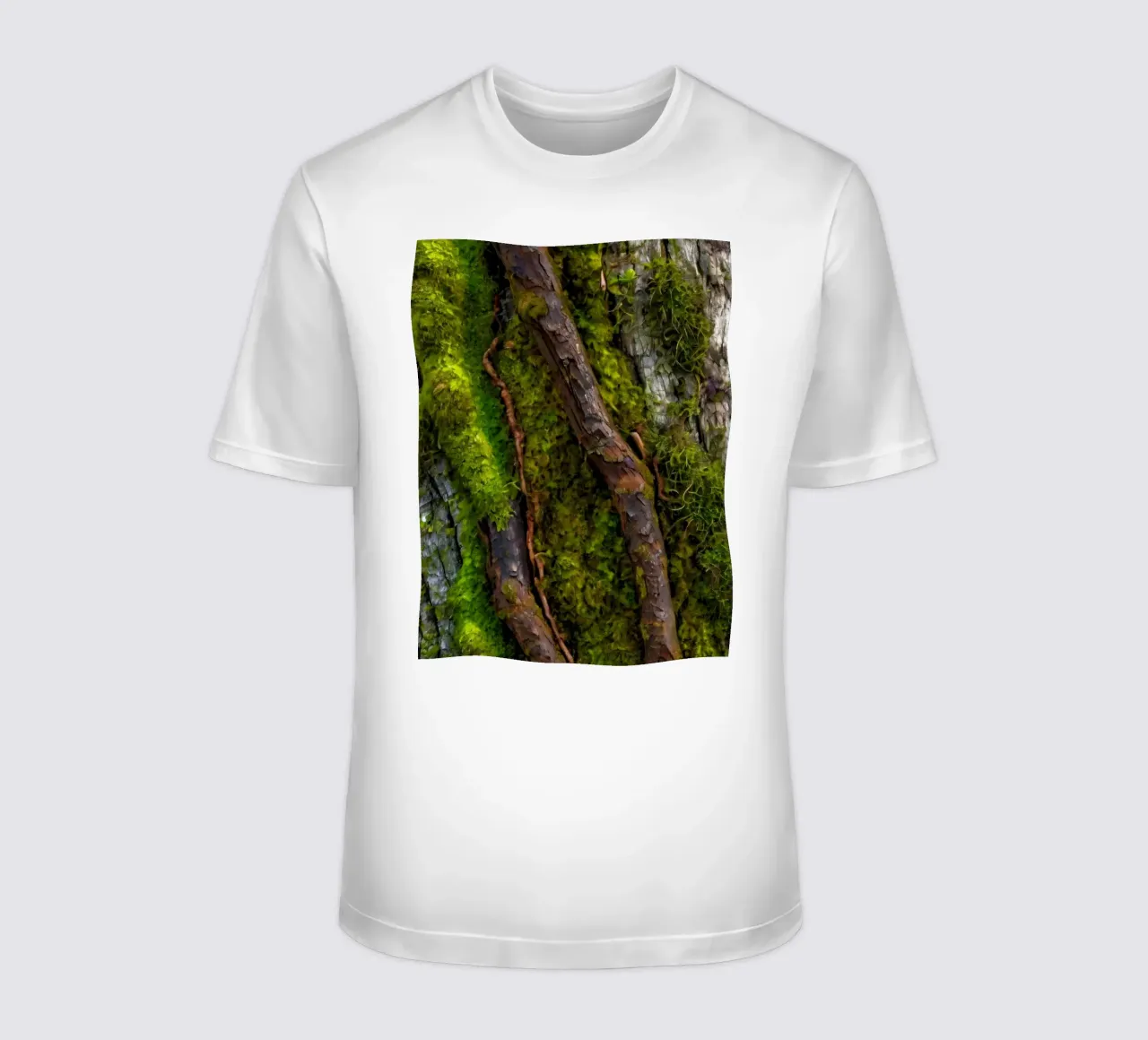 Moss-covered tree bark with twisting branches in a forest t-shirt by DesignDoodle